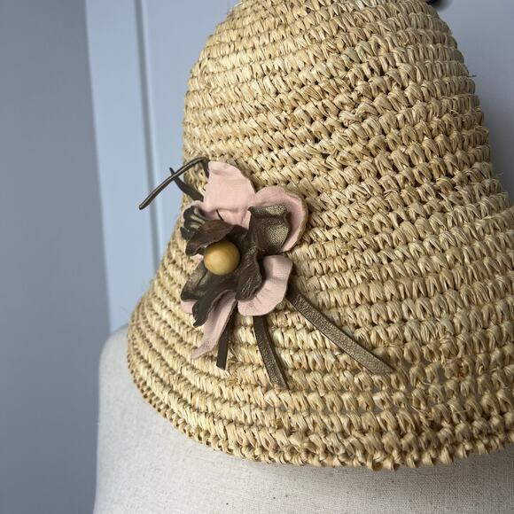 Anthropologie Eugenia Kim Bucket Sun Hat Natural Neutrals Straw Leather Flower - Picture 3 of 8